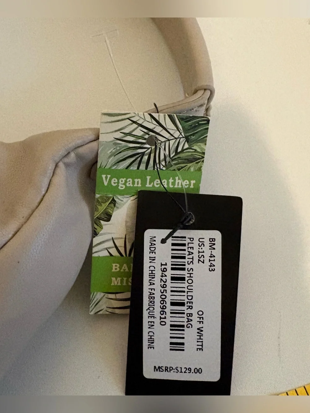 BADGLEY MISCHKA Off-White Ruched Pleated Vegan Leather Crescent Hobo Bag